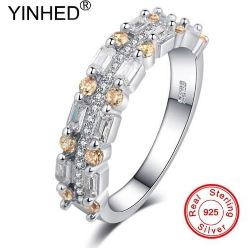 YINHED 100% Authentic 925 Silver Ring Bling Full Yellow CZ Zircon Rings For Woman Wedding Engagement Fashion Jewelry RA018502