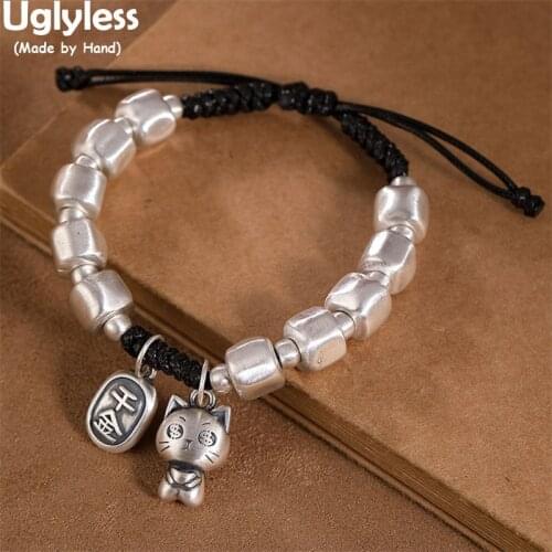 Uglyless Infinity Rope Bracelets for Women Real 925 Silver Thick Beads Bracelets Handmade Lucky Cat Charms Gifts Jewelry Animals