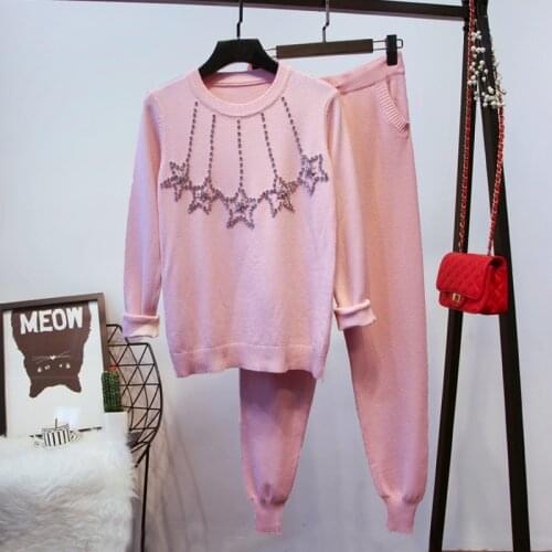 Amolapha Women Hangmade Diamonds Knitted Sweater+Pants Two pieces Clothing Sets Knit Pullover Tops+Trousers Suits