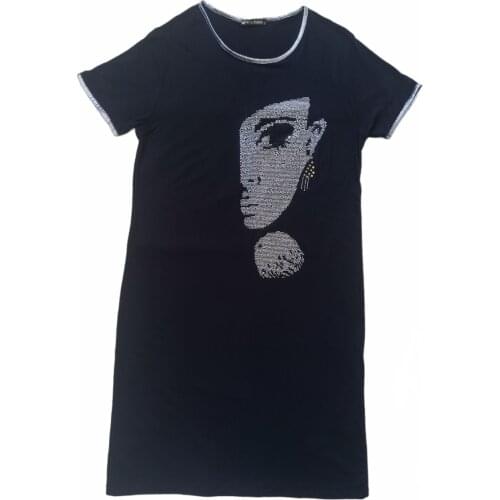 1801-Ö Women Short Sleeve Gemstone Knee Length Black Flat Cut Dress