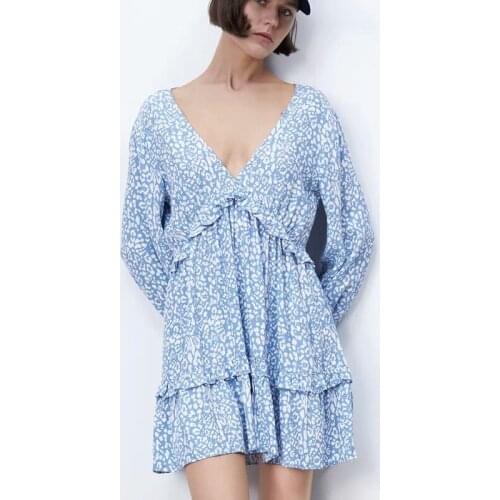 ZA 2021 Summer Women Backless Dress Printed Butterfly Sleeve Dress Office Lady V-neck Long Sleeve Dress Elegant Girls Outfits