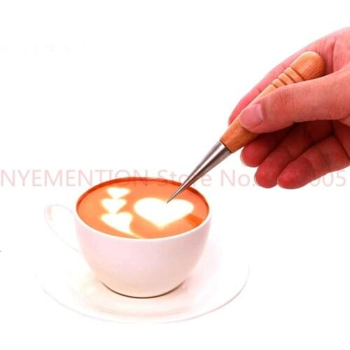 New Coffee Art Needles Stainless Steel Cafe DIY Wooden Handle Flower Artist Needles Cappuccino Supplies Foam Cafe Pens 100pcs