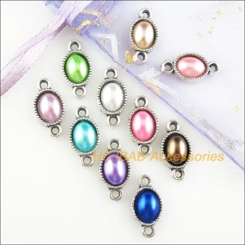 40Pcs Tibetan Silver Tone Retro Oval Flower Mixed Acrylic Charms Connectors 8.5x16.5mm