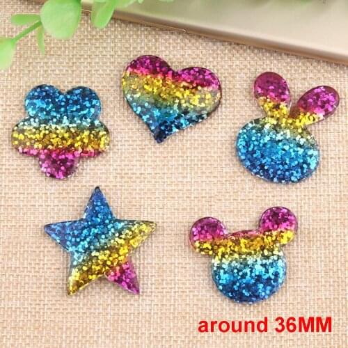 50pcs 5 Styles Mix Rainbow Color Cartoon Flower Star Heart Rabbit Flatback Resin Cabochon Planar DIY Craft for Hair Bow Centers