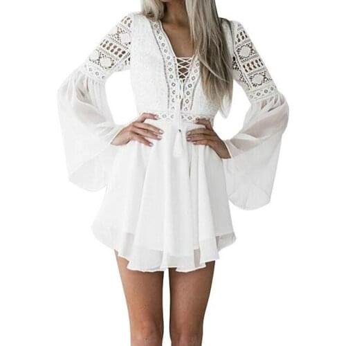 Hollow Out White Dress Sexy Women Mini Chiffon Dress Criss Cross Semi-sheer Plunge V-Neck Long Sleeve Crochet Lace Dress Black