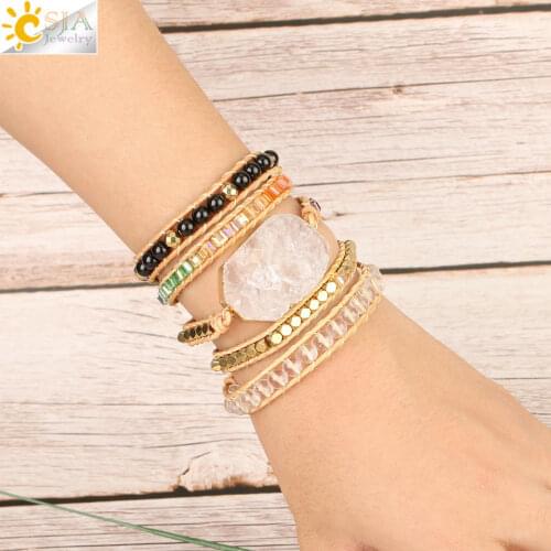 CSJA Natural White Crystal Quartz Wrap Bracelets Trendy Stone Beads 5 Strands Leather Charm Bracelet Girl Bohemian Pulseras S462