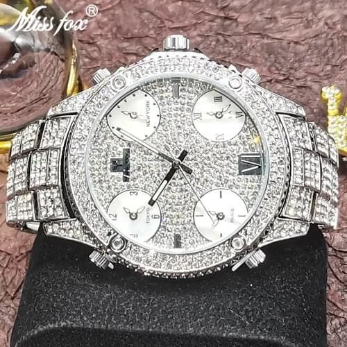 Hip Hop MISSFOX Top Brand Luxury Mens Watches Bling Iced Out Stainless Steel Business Dive Quartz Male Clocks For Men Jewelry
