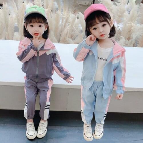 Baby girls 2-piece-sets 2-7 years old Childrens spring and autumn hooded stitching suit new outdoor Korean style sportswear