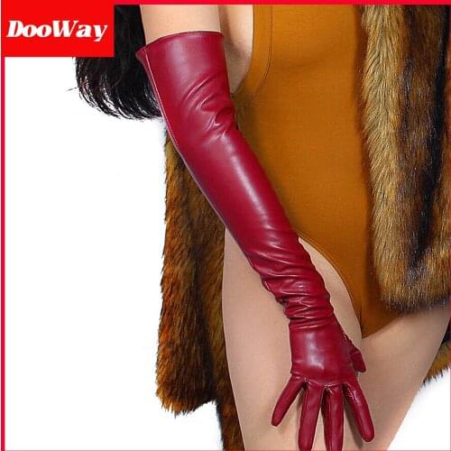 DooWay OPERA LONG LATEX GLOVES Faux Sheepskin Leather Dark Red Burgendy Unlined Overlength Evening Dress Party Gloves