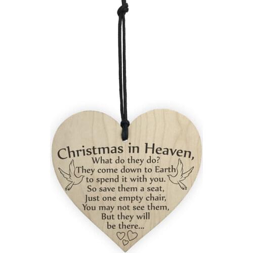 Christmas in Heaven Xmas Tree Ornament Heart-Shaped Wooden Wedding Door Memorial Plaque-Quote Creative Hotel Party Supplies
