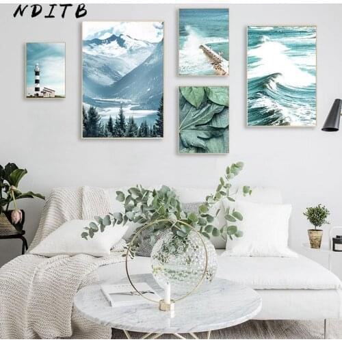 Mountain Ocean Leaf Canvas Poster Nordic Wall Art Print Scandinavian Nature Scenery Contemporary Decoration Picture