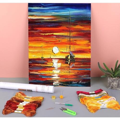 Orange Sunset Printed Water-Soluble Canvas 11CT Cross-Stitch Full Kit DIY Embroidery DMC Threads Handmade Painting Package