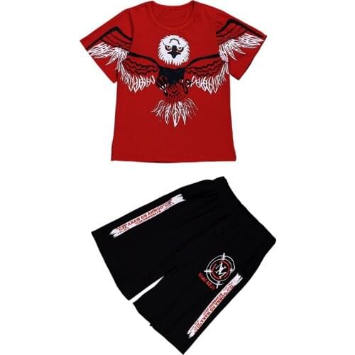 Big Boys Short Sleeve Summer Sets Cartoon Eagles Loose Fit T-shirts+Shorts 2PCS Clothing Sets Hip Hop Dancer Woven Belts Sets