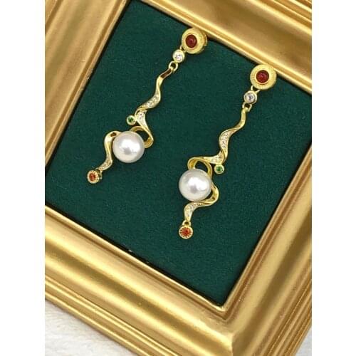 MJ114 Solid S925 Silver Round 10-11mm Nature Fresh Water White Pearls Drop Dangle Earrings for Women Fine Presents with Zircons