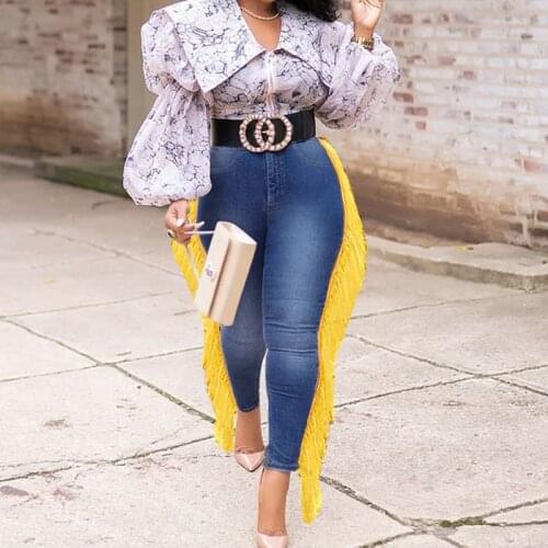 Fashion Yellow Tassel Skinny Jeans For Women High Waisted Vintage Blue Pencil Denim Trousers Plus Size Female Slim Winter Pants