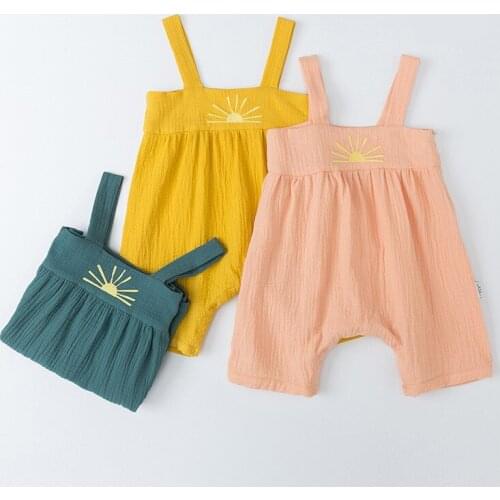 0-2Y Summer Lovely Baby Girls Overalls Pants Sun Flowers Embroidery Sleeveless Linen Cotton Jumpsuits Toddler Boys Clothes