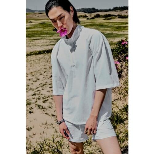 Summer mens shirt solid color simple zip hem down half button down short sleeve shirt personality Lapel oversized top