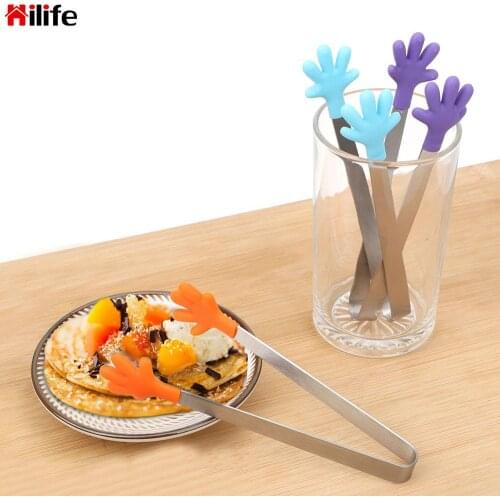 Silicone Food Clip Salad Serving BBQ Tongs Mini Kitchen Cooking Tools Hand Shape Stainless Steel Handle Utensil