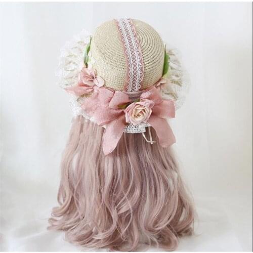 Lolita Pastorale Style Lace Bow Straw Flower Hat Flat Cap Mori Girl Handmade Beach Sun Hat B1768