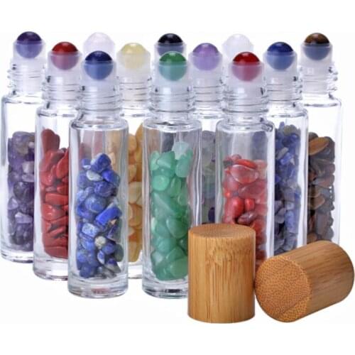 10ml Essential Oil Glass Roll on Perfume Bottles with Natural Crystal Quartz Stone Roller Ball Bamboo Cap LX3573