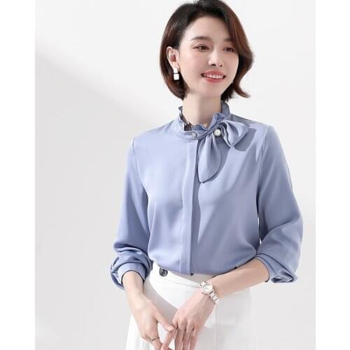Style Tie Foreign Satin shirt chiffon shirt 2020 summer new versatile shirt long sleeve V-neck top lady