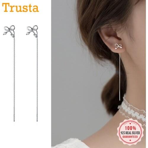 TrustDavis Fashion 925 Sterling Silver Stud Earrings Little Bowknot CZ Linked Drop Stick For Women Girls Friends Fine Gif DB1190