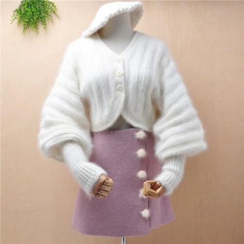 Top quality female women hairy fluffy angora rabbit fur knitted long lantern sleeves short crop top mink cashmere cardigans coat