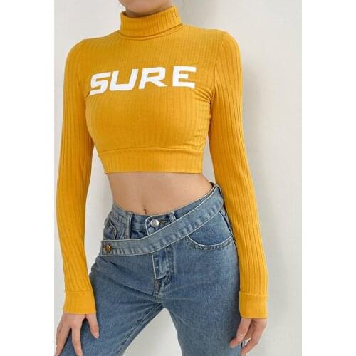 New 2021 Spring Autumn Woman Tshirts Casual Slim Bodycon Letter Printing Shirts for Women Yellow Half Turtleneck Navel Exposed