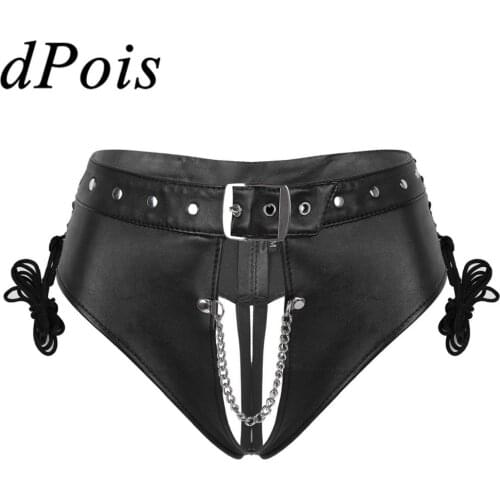 Women PU Leather Crotchless Briefs Underwear Sexy Lingerie Female Low Rise Panties Punk Lace-up Underpants With Metal Chain