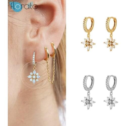 925 Silver Ear Buckle Flower Drop Earrings for Women Gold Color Charming Crystal Huggie Hoop Earrings Fashion Daily Jewelry