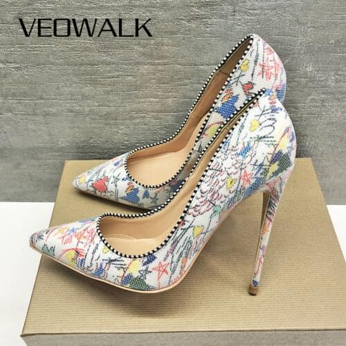 Veowalk Graffiti Printed Women Non-Leather Pointed Toe High Heels Fashion Ladies White Stiletto Pumps Ladies Chic Dress Shoes