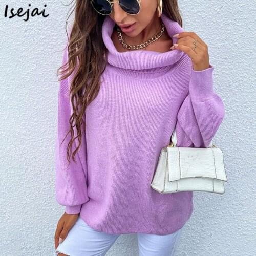 Lantern Sleeve Saddle Shoulder Knitting Sweater Women Autumn Winter Thick Turtleneck Pullover Jumper