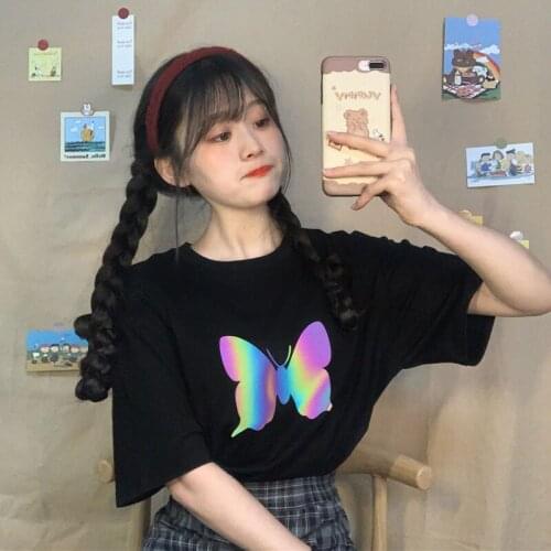 2002 Summer Korean Reflective tee Basic Loose Butterfly Printed Short Sleeve T-shirt For Women Harajuku Style Jersey Mujer En