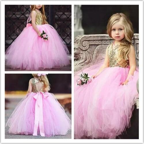 2020 Sleeveless Pink Princess Flower Girls Dresses Sequins Girls First Communion Dress Ball Gown