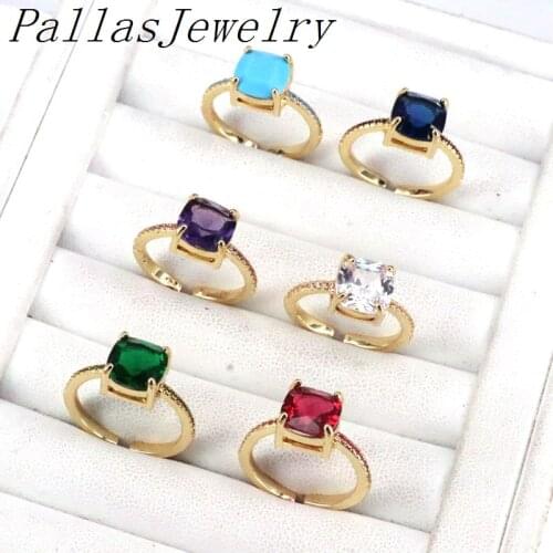 6Pcs Fashion CZ Stone Rings For Women Gold Color Square Zircon Wedding Engagement Women Adjusted Ring