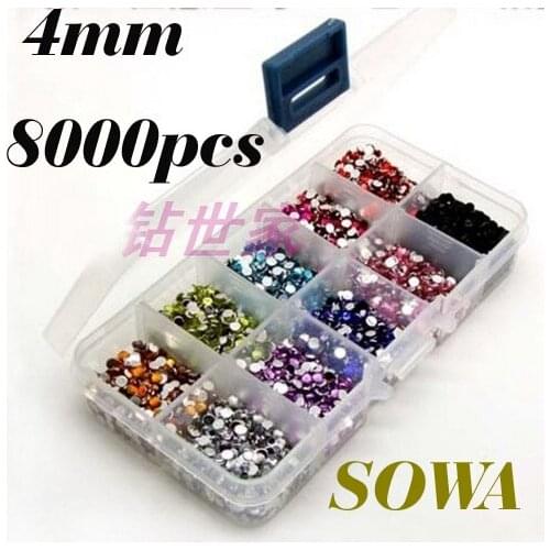 Free Shipping A 10 Grid Drilling Box + SS16 Size 4mm 8000pcs Multicolor Resin Flatback beads 10 Colors Randomly