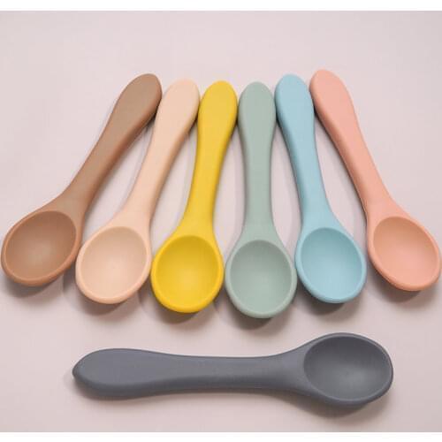 FDA Certified Baby Silicone Feeding Spoon Portable Tea Spoon For Kids Boys Girlsd Soild Color Food Spoon Toddler Flatware