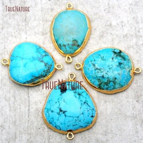 10Pcs Pure Gold Color Irregular Shape Double Bail Pendant Blue White Turquoises Double Bail Pendant 37x25mm PC14578