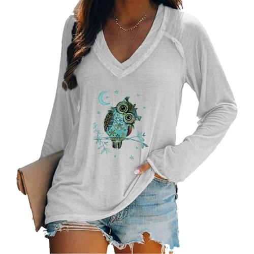 Long Sleeve Owl Print T-shirt Woman Fashion Casual Print V-neck Long Sleeve Loose Tops Vintage Clothes Футболки Оверсайс