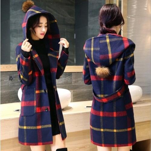 Hot Winter Women Elegant Korean Overcoat Coat Loose Plus Size Jacket Long Sleeve Hooded Mid-long Plaid Outwear High Quality