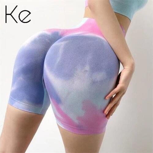 KE tie-dye hip folds sexy peach hip fitness exercise shorts female high waist abdomen stretch yoga shorts