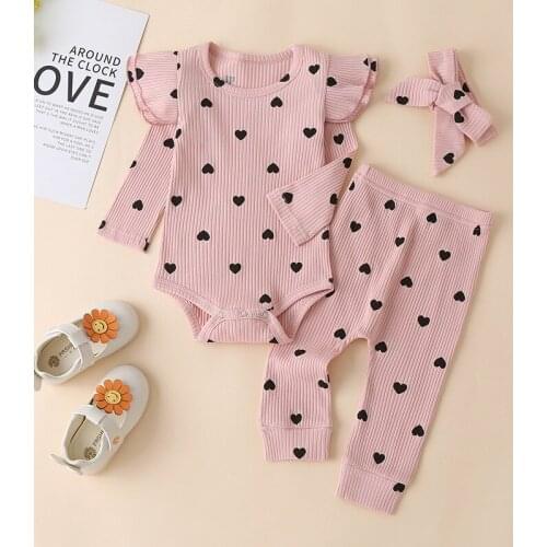 3Pcs Baby Girl Outfit Set Newborn Toddler Girls Clothes Ruffle Heart Print Long Sleeve Romper Bodysuit +Pants+Headband Infant