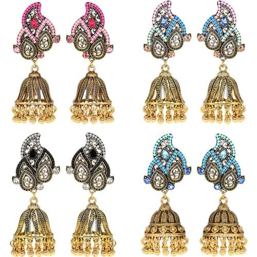 Fashion Colorful Beads Tassel Indian Jhumka Earrings For Women Ethnic Vintage Gold Alloy Bollywood Oxidized Bell Dangle Earrings