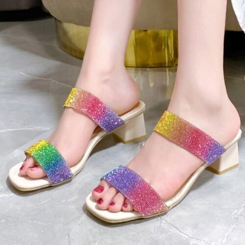 Fashion Women Sandals Mid High Heels 1.97 Inches Beautiful Rainbow Colors Slippers(Size 35-43