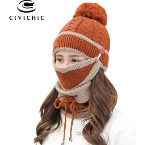 Chic Women Winter Warm Set Knit Scarf Hat Gloves Mask 4 PCS Pompon Skullies Beanies Fleece Headwear Crochet Neck Warmer SH128