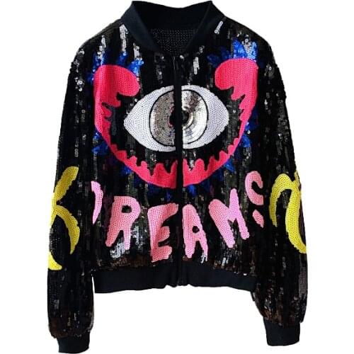 New Spring Autumn Jackets Womens Fashion Sequins Heavy Industry Stitching Iong-sleeved Coat Female Wild Jacket Thailand Tide