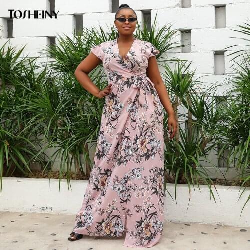 Tosheiny Dresses Woman Summer 2021 Plus Size Dress Maxi Sexy Floral Print V Neck Split Belted Boho Vestidos Beach Elegant Curve