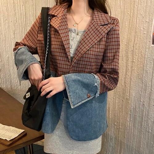 Spring and Autumn Single Breasted Blazer for Women Brown Plaid Denim Suit Street Style