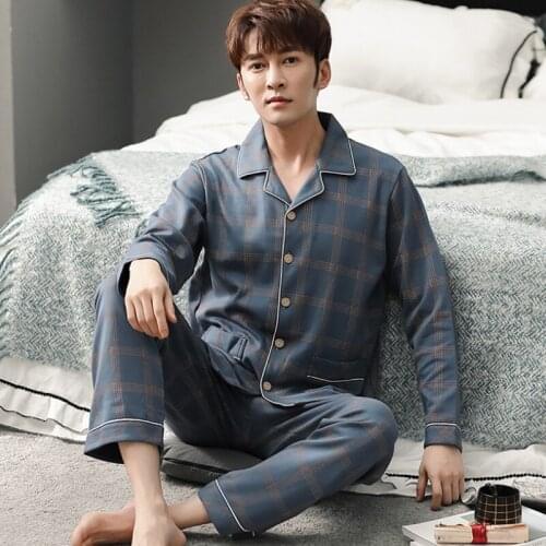 Spring Cotton Pajamas Men Lounge Sleepwear Blue Plaid Pijama Mans Warm Bedgown Home Clothes PJ Pure Pijama Hombre Invierno