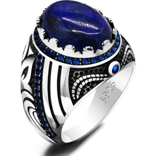 Vintage Signet Men Ring 925 Silver Ring Natural Lapis Lazuli Stone Gemstone Ripple Eye Brave Energy Fashion Jewelry Gift Women